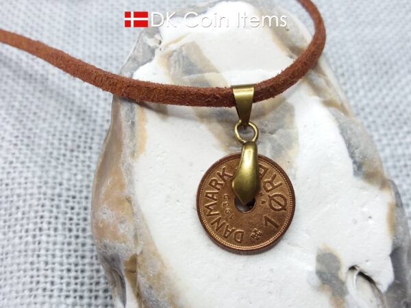 Denmark 1939 C coin necklace. 85 year 1 ore coin pendant. Antique Danish souvenir. Bronze plated pinch bail.