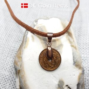 Denmark 1939 C coin necklace. 85 year 1 ore coin pendant. Antique Danish souvenir. Copper plated pinch bail.