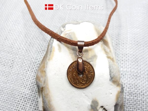 Denmark 1939 C coin necklace. 85 year 1 ore coin pendant. Antique Danish souvenir. Copper plated pinch bail.