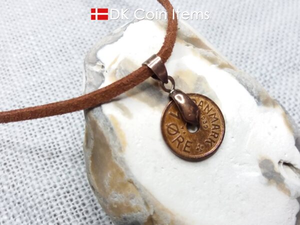 Denmark 1939 C coin necklace. 85 year 1 ore coin pendant. Antique Danish souvenir. Copper plated pinch bail.