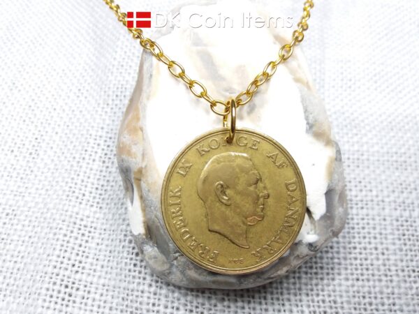 Denmark 1953 coin necklace. 71 year old Danish 2 kroner coin pendant. Golden Crown Coat of Arms coin.