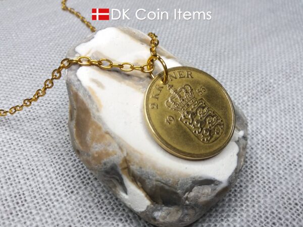 Denmark 1953 coin necklace. 71 year old Danish 2 kroner coin pendant. Golden Crown Coat of Arms coin.