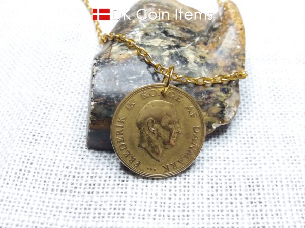 Denmark 1953 coin necklace. 71 year old Danish 2 kroner coin pendant. Golden Crown Coat of Arms coin.