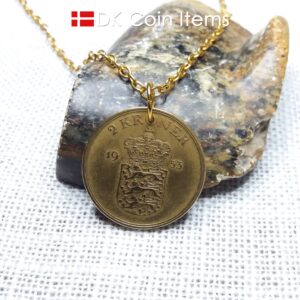 Denmark 1953 coin necklace. 71 year old Danish 2 kroner coin pendant. Golden Crown Coat of Arms coin.