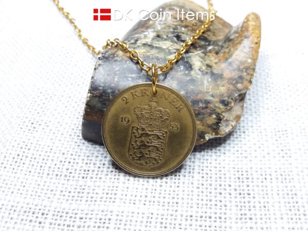 Denmark 1953 coin necklace. 71 year old Danish 2 kroner coin pendant. Golden Crown Coat of Arms coin.