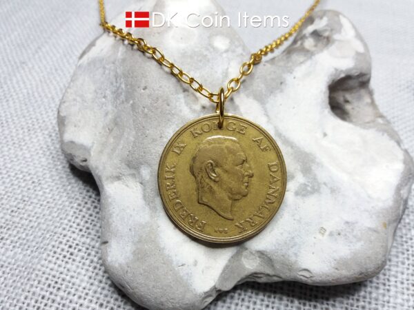 Denmark 1953 coin necklace. 71 year old Danish 2 kroner coin pendant. Golden Crown Coat of Arms coin.