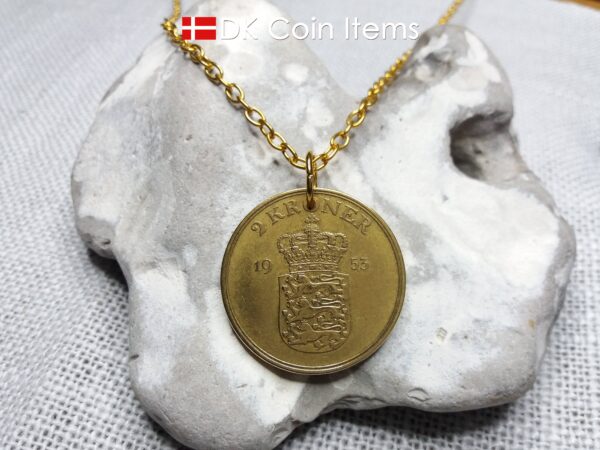 Denmark 1953 coin necklace. 71 year old Danish 2 kroner coin pendant. Golden Crown Coat of Arms coin.