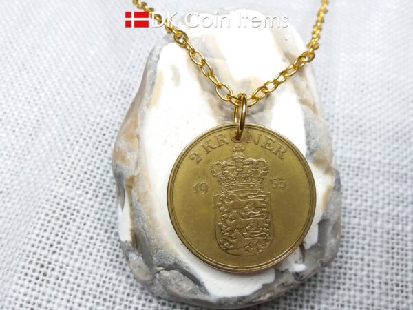 Denmark 1953 coin necklace. 71 year old Danish 2 kroner coin pendant. Golden Crown Coat of Arms coin.