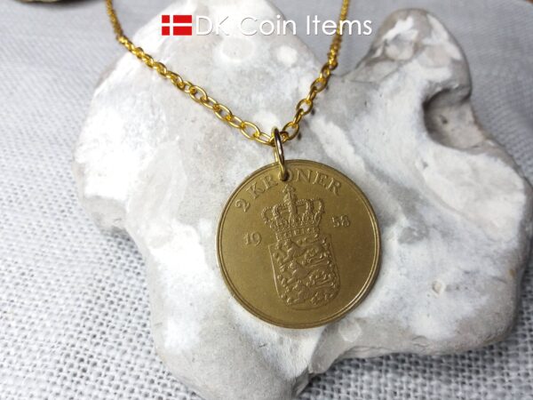 Denmark 1958 coin necklace. 66 year old Danish 2 kroner coin pendant. Golden Crown Coat of Arms coin.