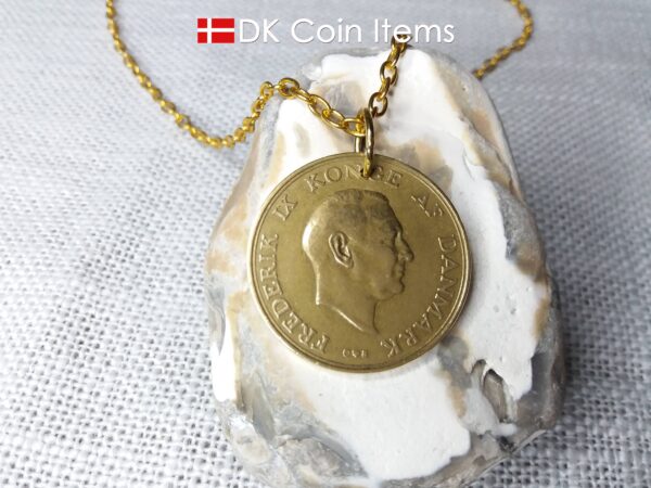 Denmark 1958 coin necklace. 66 year old Danish 2 kroner coin pendant. Golden Crown Coat of Arms coin.