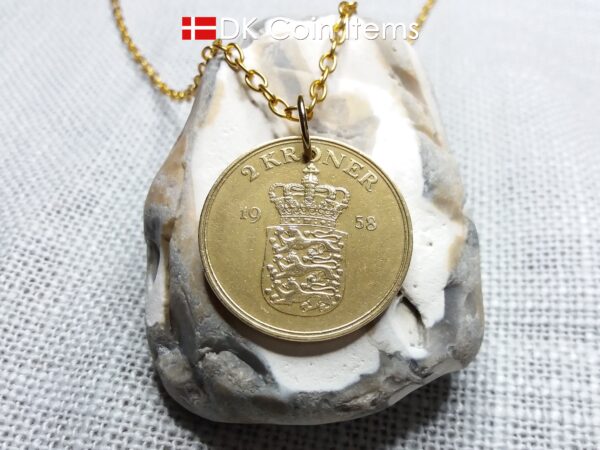 Denmark 1958 coin necklace. 66 year old Danish 2 kroner coin pendant. Golden Crown Coat of Arms coin.