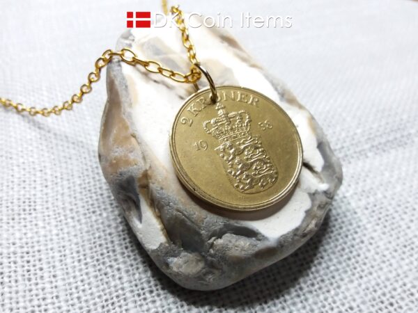 Denmark 1958 coin necklace. 66 year old Danish 2 kroner coin pendant. Golden Crown Coat of Arms coin.