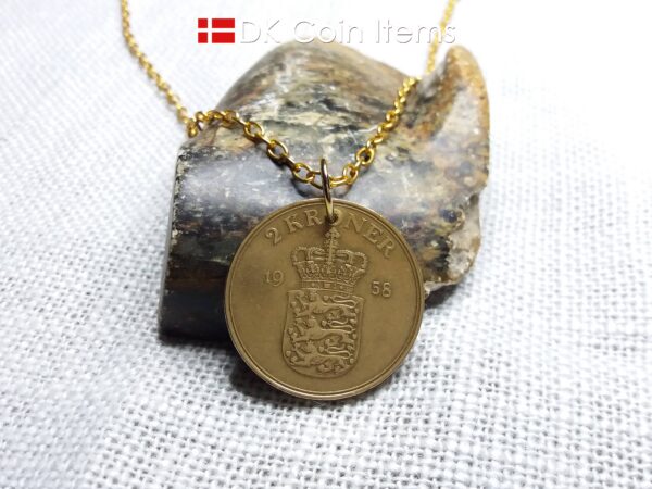 Denmark 1958 coin necklace. 66 year old Danish 2 kroner coin pendant. Golden Crown Coat of Arms coin.