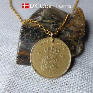 Denmark 1958 coin necklace. 66 year old Danish 2 kroner coin pendant. Golden Crown Coat of Arms coin.