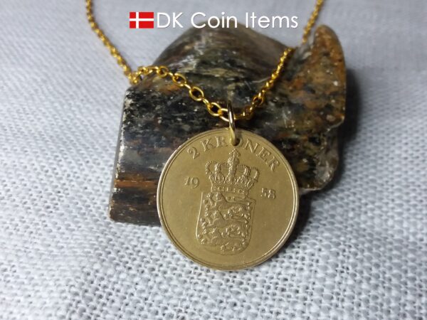 Denmark 1958 coin necklace. 66 year old Danish 2 kroner coin pendant. Golden Crown Coat of Arms coin.