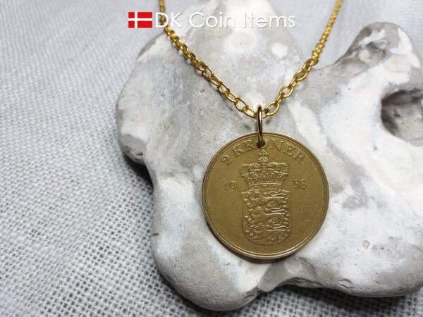 Denmark 1958 coin necklace. 66 year old Danish 2 kroner coin pendant. Golden Crown Coat of Arms coin.