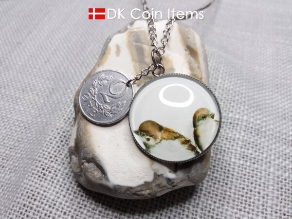 Danish 2 ore coin + 2 House Sparrows painting coin charm necklace. Danish 1941 C-initial coin. 83 year old.