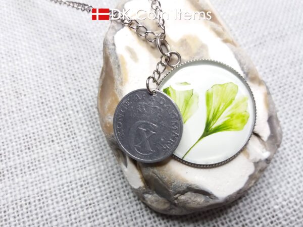 Danish 2 ore coin + 2 Ginkgo Leaves painting coin charm necklace. Danish 1941 C-initial coin. 83 year old.