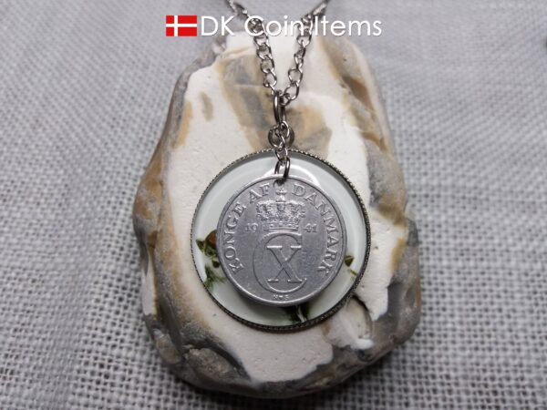 Danish 2 ore coin + 2 House Sparrows painting coin charm necklace. Danish 1941 C-initial coin. 83 year old.