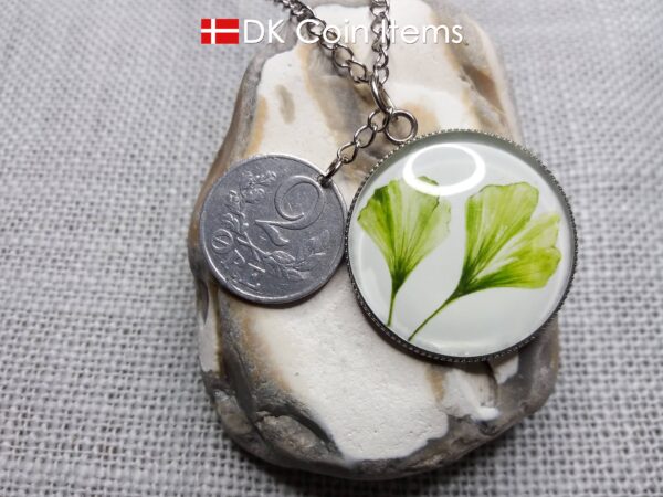 Danish 2 ore coin + 2 Ginkgo Leaves painting coin charm necklace. Danish 1941 C-initial coin. 83 year old.