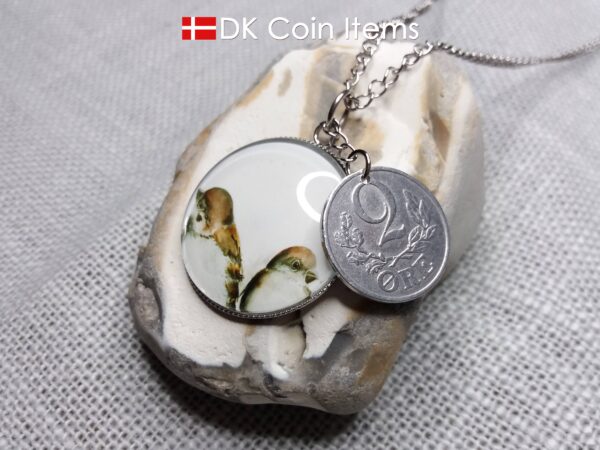 Danish 2 ore coin + 2 House Sparrows painting coin charm necklace. Danish 1941 C-initial coin. 83 year old.