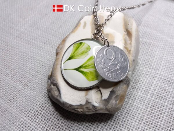 Danish 2 ore coin + 2 Ginkgo Leaves painting coin charm necklace. Danish 1941 C-initial coin. 83 year old.