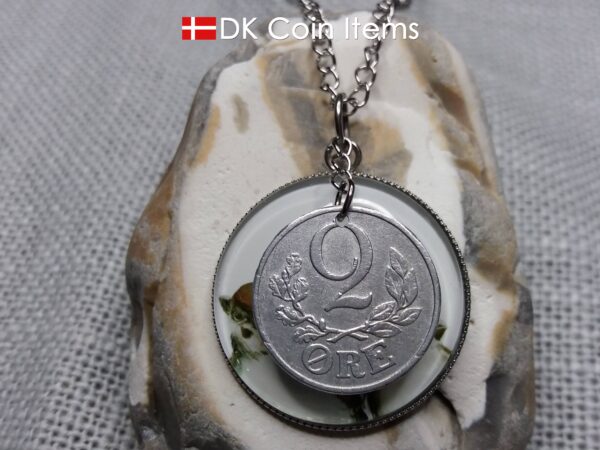 Danish 2 ore coin + 2 House Sparrows painting coin charm necklace. Danish 1941 C-initial coin. 83 year old.