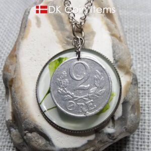 Danish 2 ore coin + 2 Ginkgo Leaves painting coin charm necklace. Danish 1941 C-initial coin. 83 year old.