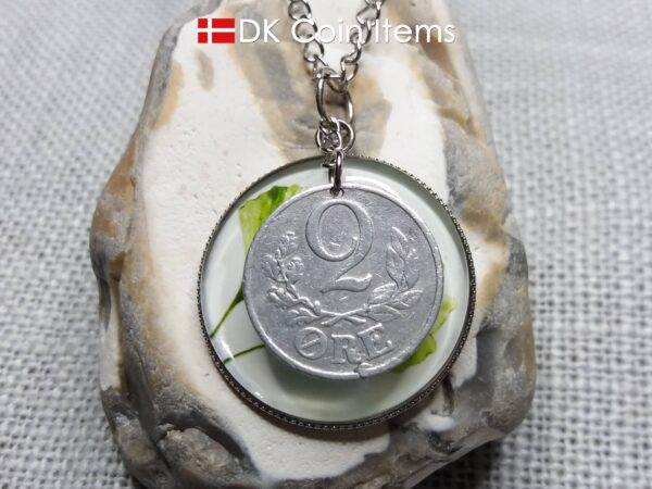 Danish 2 ore coin + 2 Ginkgo Leaves painting coin charm necklace. Danish 1941 C-initial coin. 83 year old.