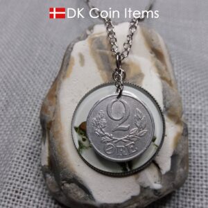 Danish 2 ore coin + 2 House Sparrows painting coin charm necklace. Danish 1941 C-initial coin. 83 year old.