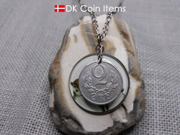 Danish 2 ore coin + 2 House Sparrows painting coin charm necklace. Danish 1941 C-initial coin. 83 year old.