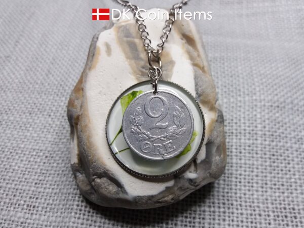 Danish 2 ore coin + 2 Ginkgo Leaves painting coin charm necklace. Danish 1941 C-initial coin. 83 year old.