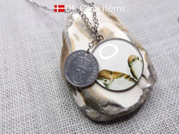 Danish 2 ore coin + 2 House Sparrows painting coin charm necklace. Danish 1941 C-initial coin. 83 year old.