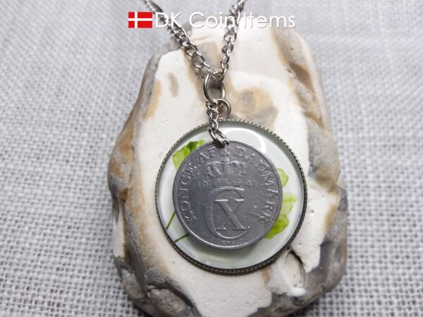 Danish 2 ore coin + 2 Ginkgo Leaves painting coin charm necklace. Danish 1941 C-initial coin. 83 year old.