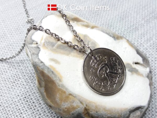 Denmark R-initial coin pendant necklace. 73 year old 25 ore. 73rd birthday gift. Danish 1951 coin souvenir. Cord/chain options.