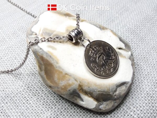 Denmark 1951 25 ore coin necklace. 73 year old coin pendant. 73rd birthday gift. Danish R-initial coin souvenir.