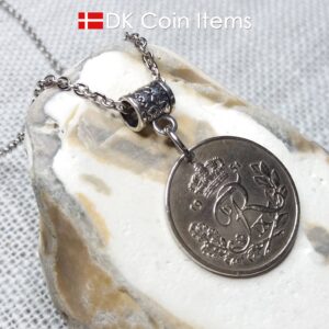 Denmark R-initial coin necklace. 73 year old 25 ore coin pendant. 73rd birthday gift. Danish 1951 coin souvenir. Cord/chain options.