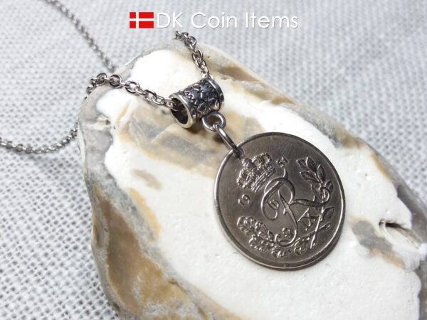 Denmark R-initial coin necklace. 73 year old 25 ore coin pendant. 73rd birthday gift. Danish 1951 coin souvenir. Cord/chain options.