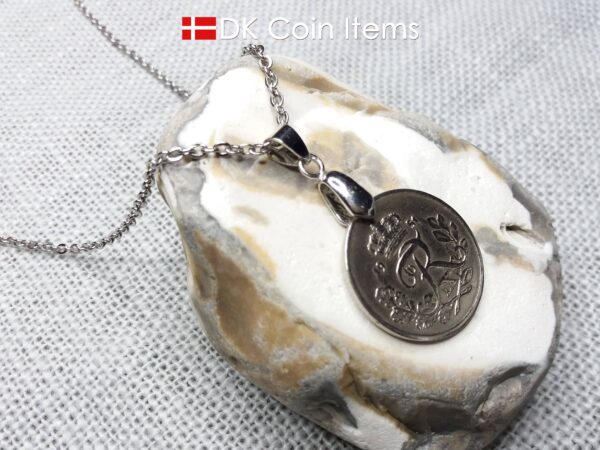 Denmark 1951 25 ore coin necklace. 73 year old coin pendant. 73rd birthday gift. Danish R-initial coin souvenir on pinch bail