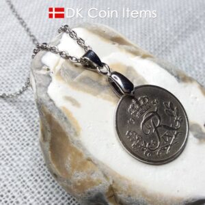 Denmark R-initial coin necklace. 73 year old 25 ore coin pendant. 73rd birthday gift. Danish 1951 coin souvenir on pinch bail