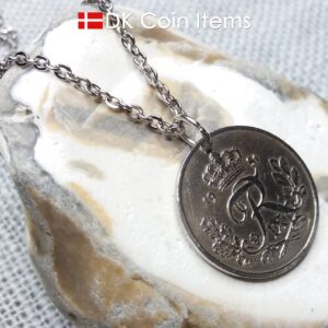 Denmark R-initial coin pendant necklace. 73 year old 25 ore. 73rd birthday gift. Danish 1951 coin souvenir. Cord/chain options.