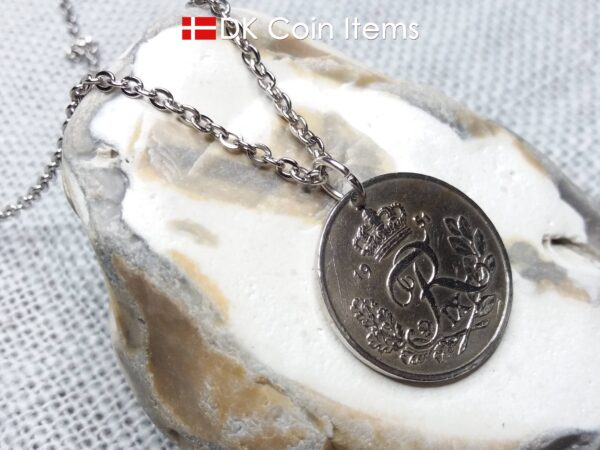 Denmark R-initial coin pendant necklace. 73 year old 25 ore. 73rd birthday gift. Danish 1951 coin souvenir. Cord/chain options.