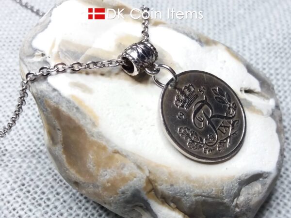 Denmark 1951 25 ore coin necklace. 73 year old coin pendant. 73rd birthday gift. Danish R-initial coin souvenir.