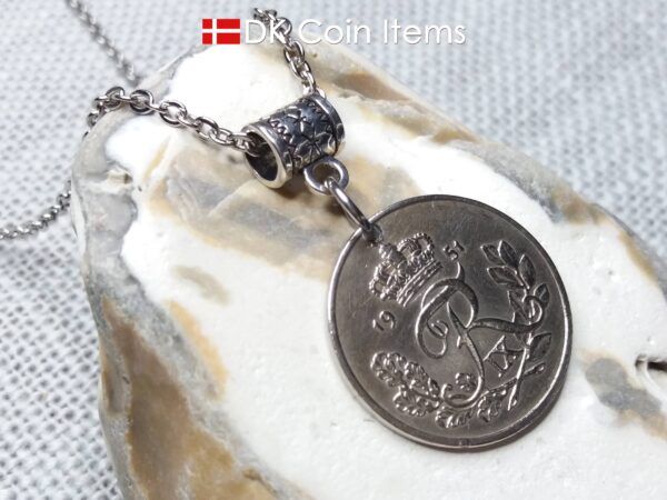 Denmark R-initial coin necklace. 73 year old 25 ore coin pendant. 73rd birthday gift. Danish 1951 coin souvenir. Cord/chain options.