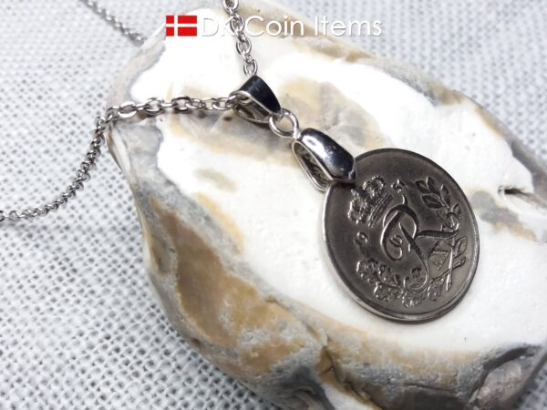 Denmark 1951 25 ore coin necklace. 73 year old coin pendant. 73rd birthday gift. Danish R-initial coin souvenir on pinch bail