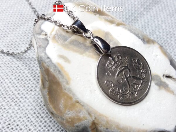 Denmark R-initial coin necklace. 73 year old 25 ore coin pendant. 73rd birthday gift. Danish 1951 coin souvenir on pinch bail