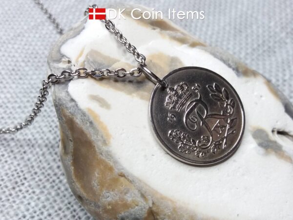 Denmark 1951 25 ore coin pendant necklace. 73 year old coin. 73rd birthday gift. Danish R-initial coin souvenir.