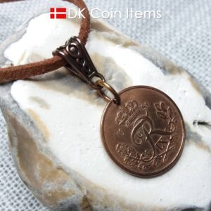 Denmark 1951 R coin necklace. 73 year old 25 ore coin pendant. 73rd birthday gift. Danish vintage coin souvenir copper plated decoratively.