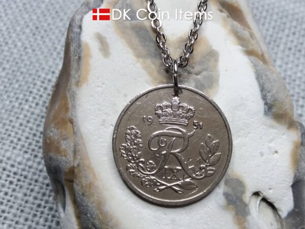 Denmark R-initial coin pendant necklace. 73 year old 25 ore. 73rd birthday gift. Danish 1951 coin souvenir. Cord/chain options.