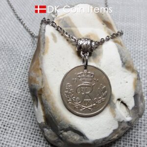 Denmark 1951 25 ore coin necklace. 73 year old coin pendant. 73rd birthday gift. Danish R-initial coin souvenir.